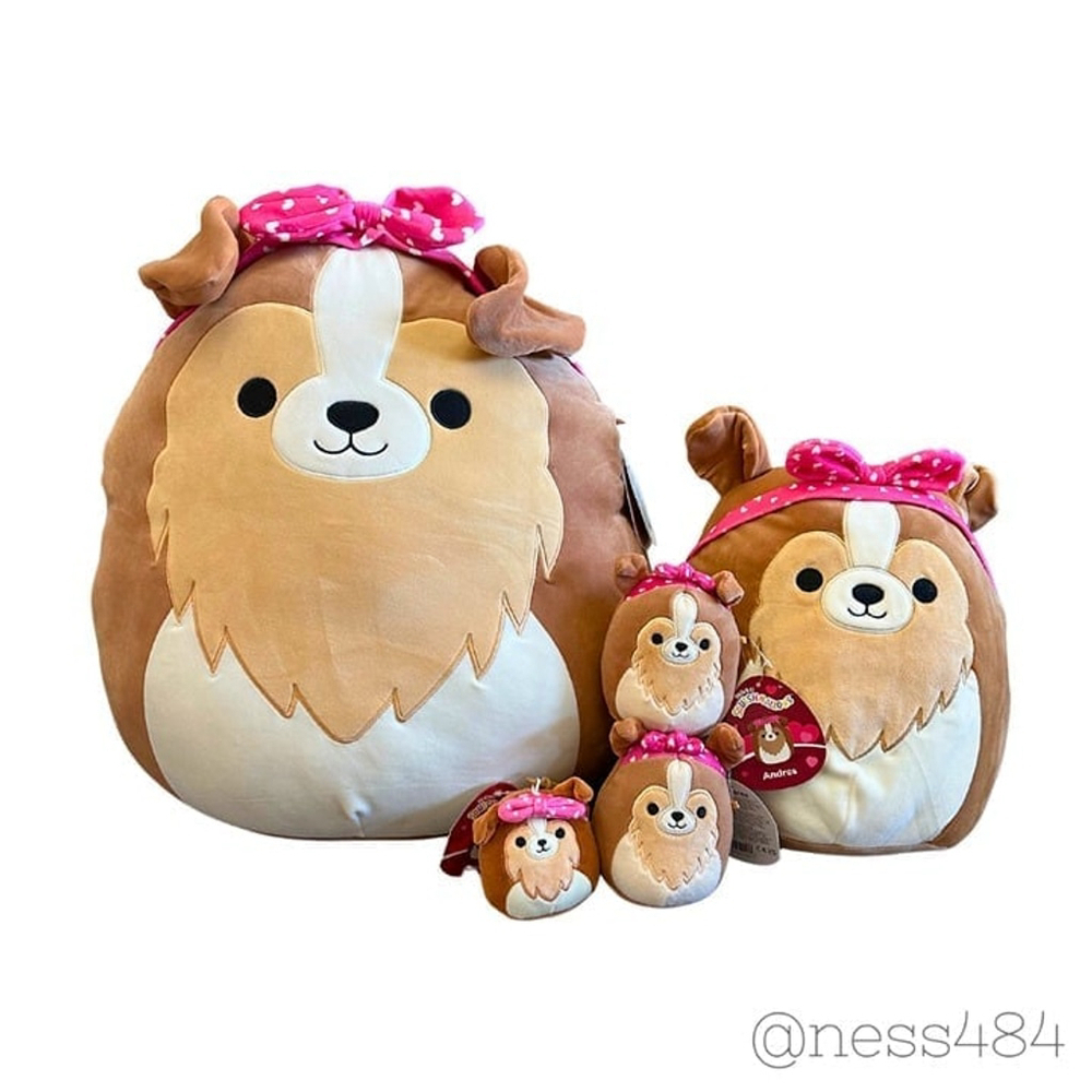 Squishmallows Andres Dog Plush Toy With Pink Bow Clip On Keychain 2023